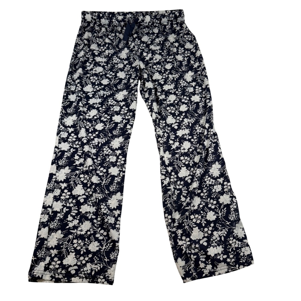 Lands End Pajama Pants Navy Blue White Floral Knit Sleep‎ Bottoms Womens Medium
